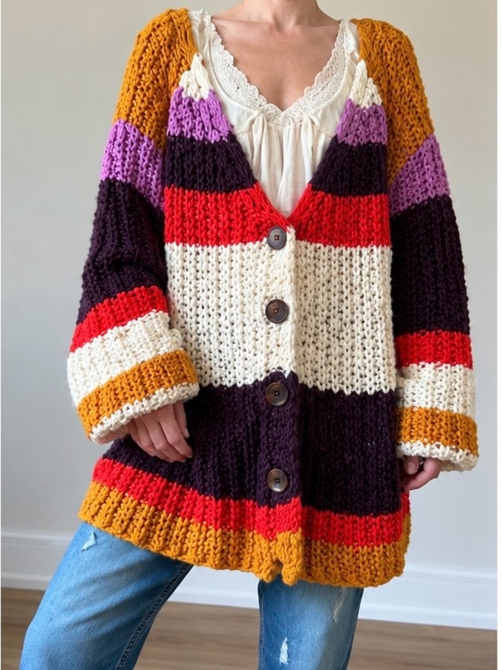 Chunky Striped Knit Cardigan Sweater - Multi